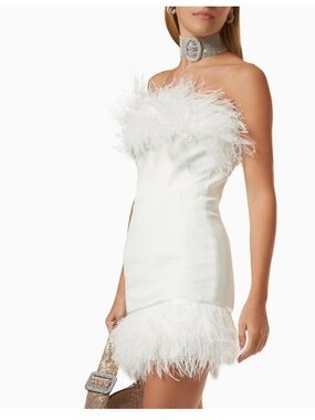 Bronx and Banco Lola Feathered White Strapless Zip Up Mini Dress Size 4